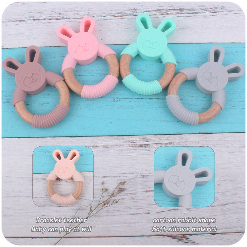 Baby Food-Grade Teething Rattle, Teething Aid for Babies, Wooden and Silicone Rabbit Teething Bracelet-0