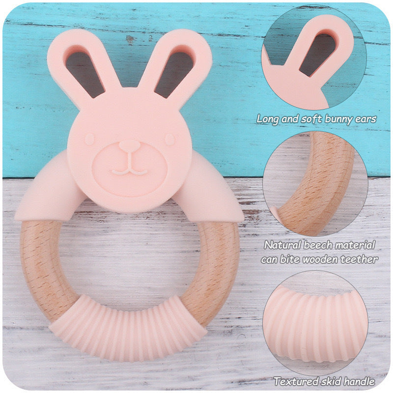 Baby Food-Grade Teething Rattle, Teething Aid for Babies, Wooden and Silicone Rabbit Teething Bracelet-2