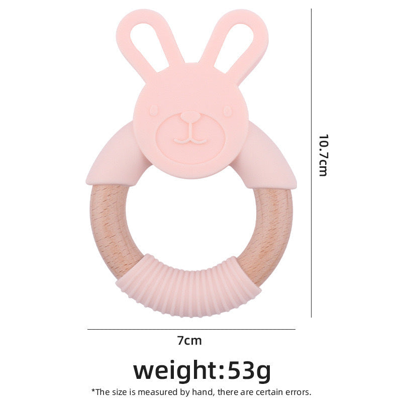 Baby Food-Grade Teething Rattle, Teething Aid for Babies, Wooden and Silicone Rabbit Teething Bracelet-3