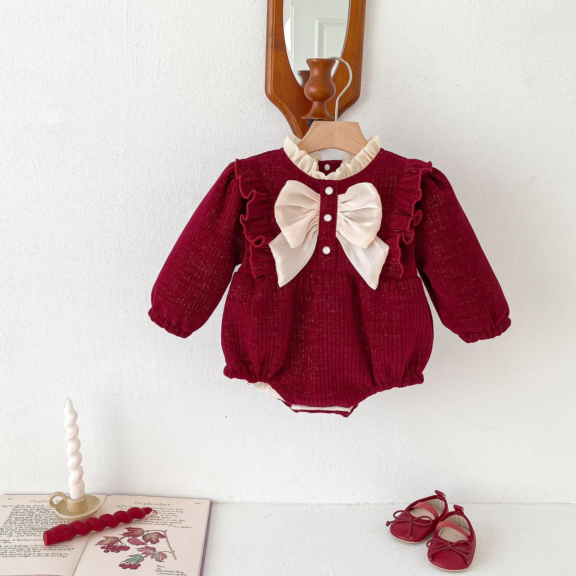 Autumn and Winter New Arrival Baby Girls Long Sleeves Ruffle Neck Cozy Fleece Onesies Bodysuits-3